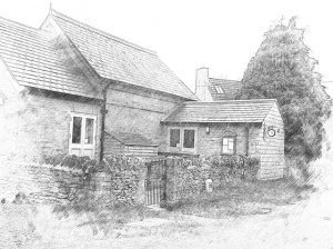 Black and white sketch of Charney Village Hall